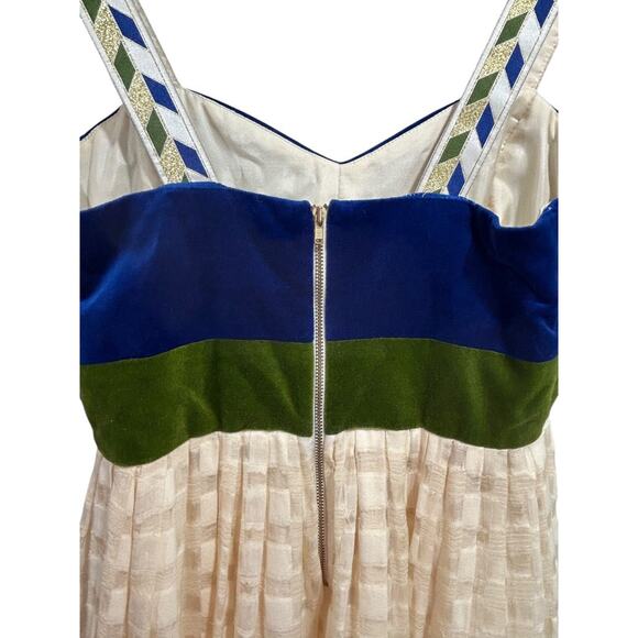 Size 6 Madchen Dress Velvet Colorblock Cream Skirt Blue Green Bodice - Picture 10 of 11